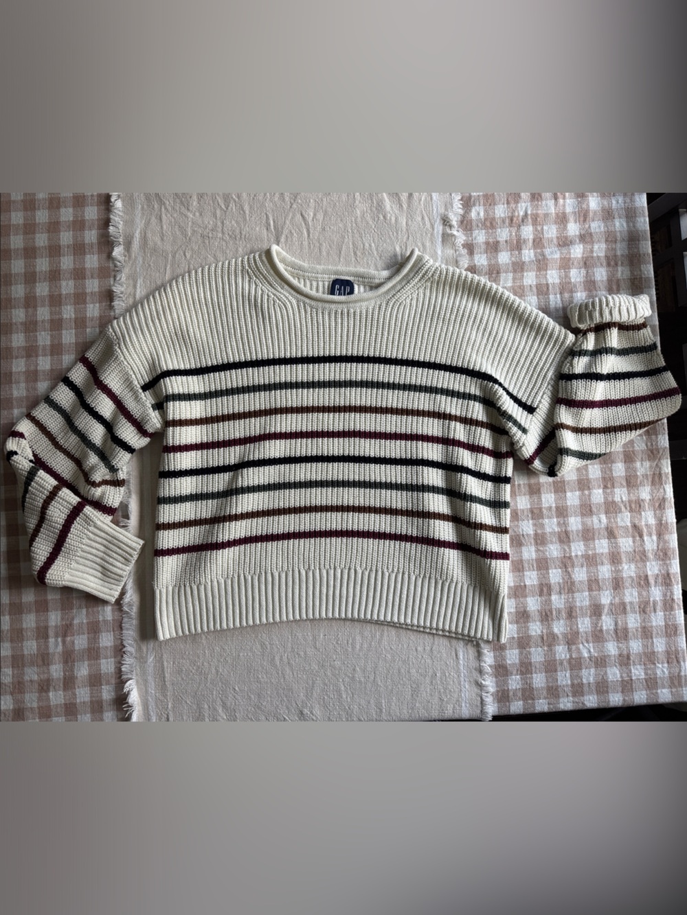 GAP Cream Cropped Sweater with Black and Burgundy Stripes